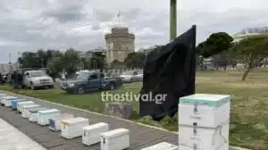 Διαμαρτυρία μελισσοκόμων στη Θεσσαλονίκη: Άπλωσαν άδειες κυψέλες στη Νέα Παραλία